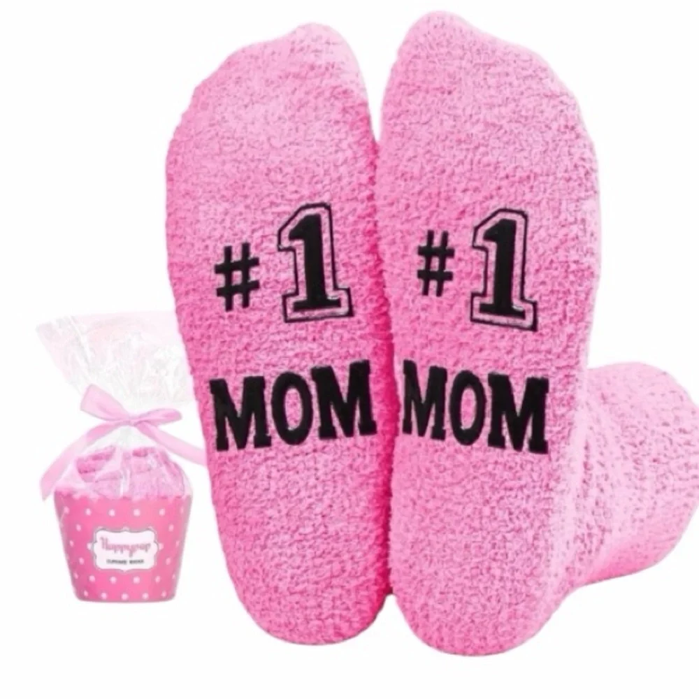 HappyPop Fuzzy Pink Fleece Novelty Socks “#1 Mom” NWT